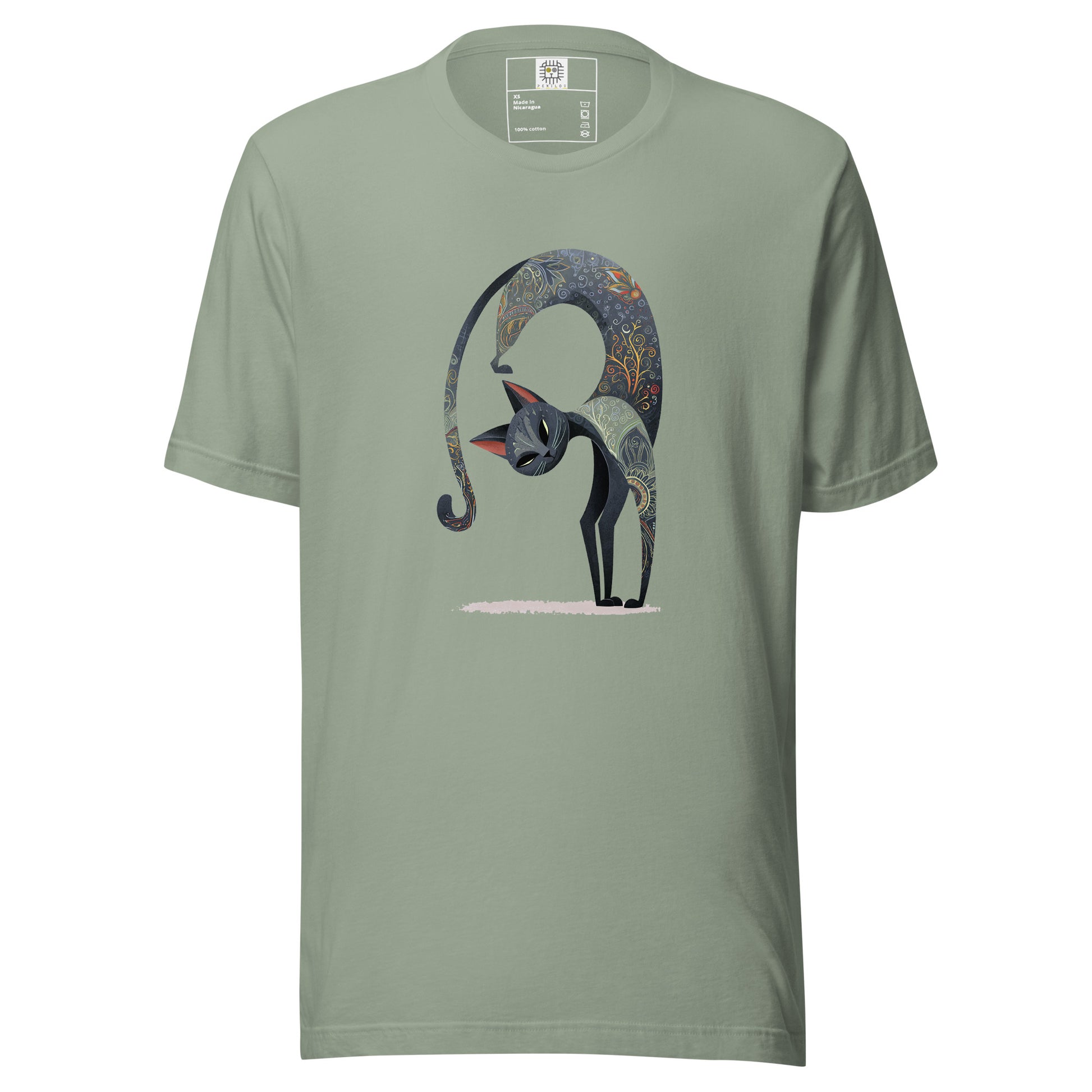 green t shirt with abstract cat graphic design front view