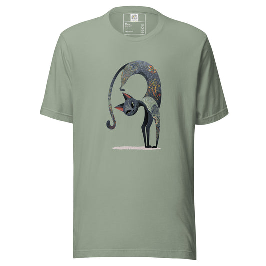 green t shirt with abstract cat graphic design front view