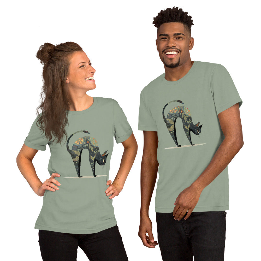 couple wearing green t shirts with geometric elephant illustration casual streetwear style