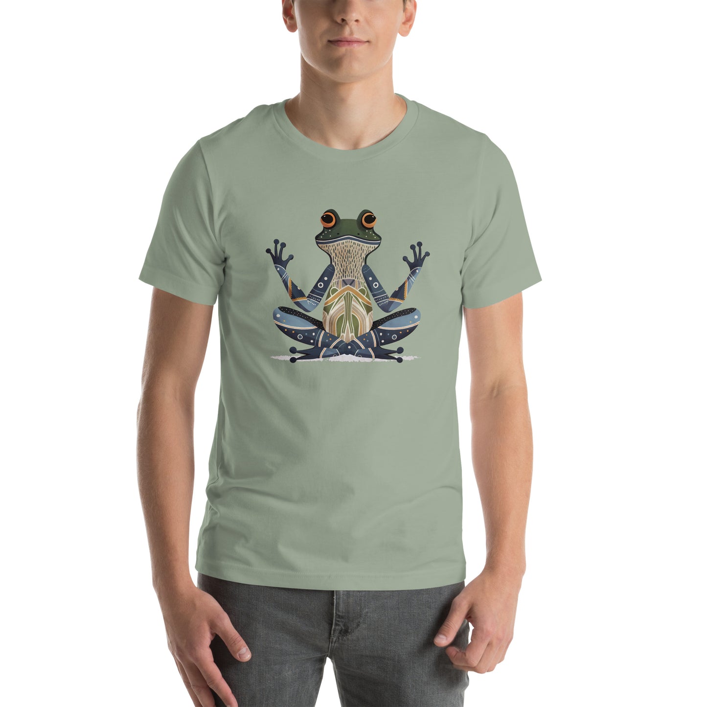 man wearing green t shirt with geometric frog illustration graphic front view