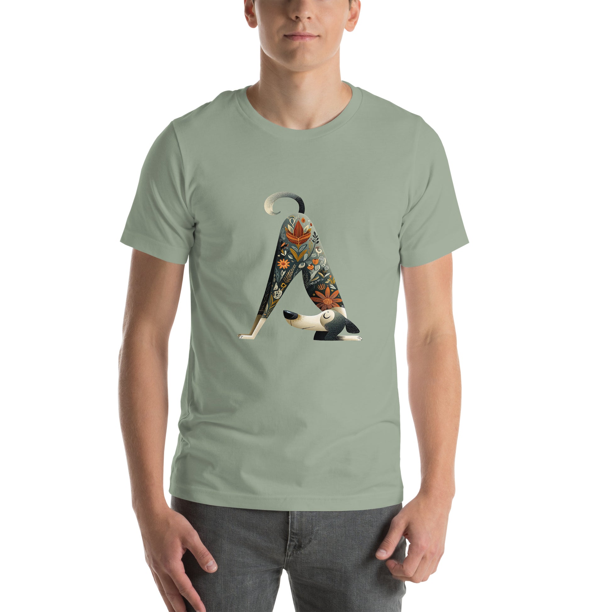 man wearing green t shirt with geometric animal letter a design front view