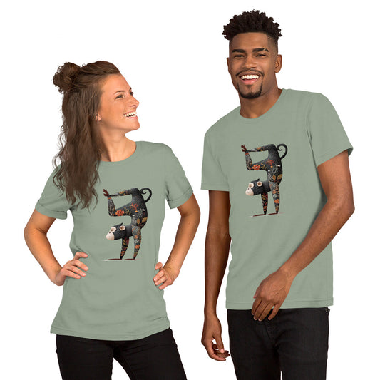 couple wearing green graphic t shirts with geometric animal design casual streetwear style