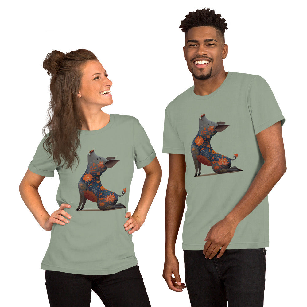 man and woman wearing green t shirts with geometric animal graphic front view