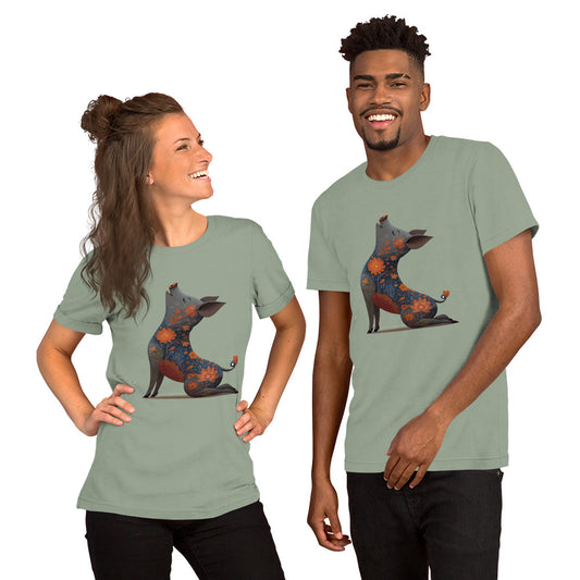 man and woman wearing green t shirts with geometric animal graphic front view