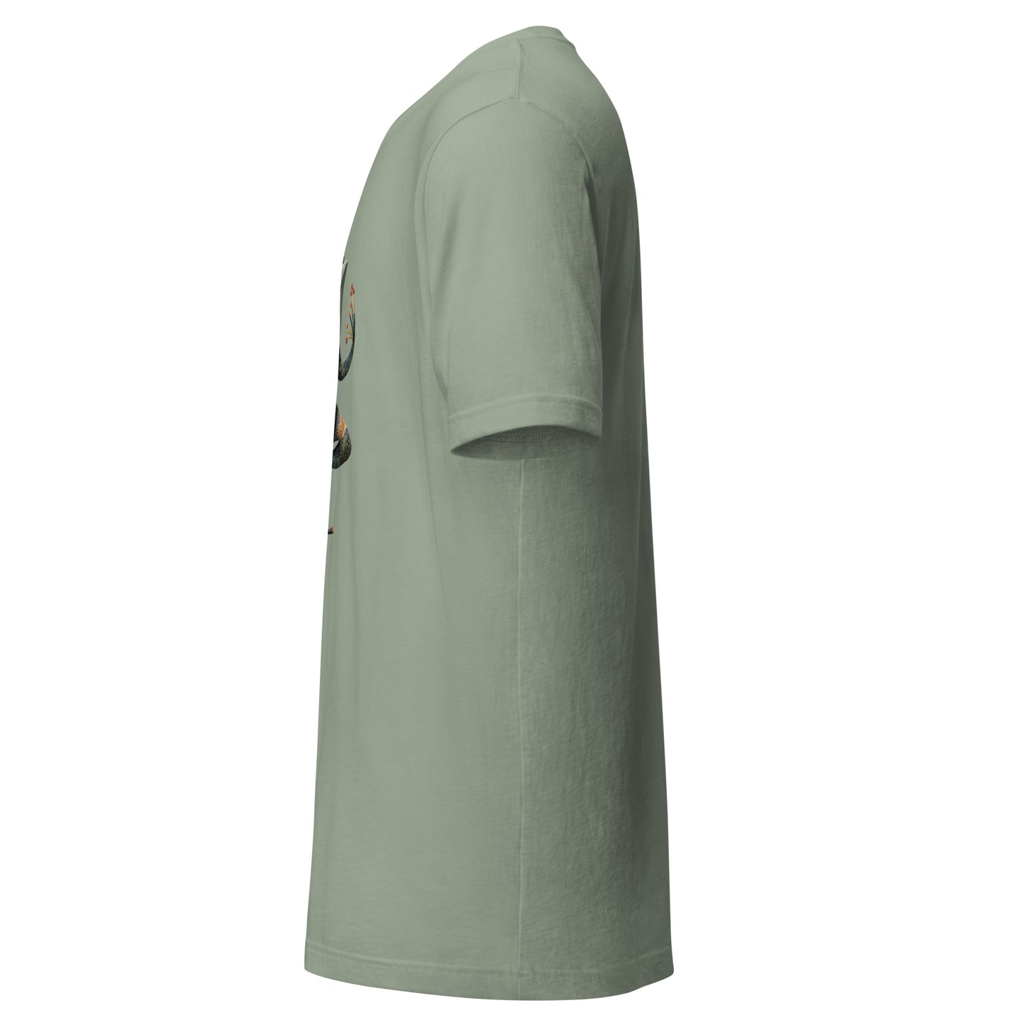 A side profile of the sage green t-shirt showing the sleeve length, fit, and fabric drape.