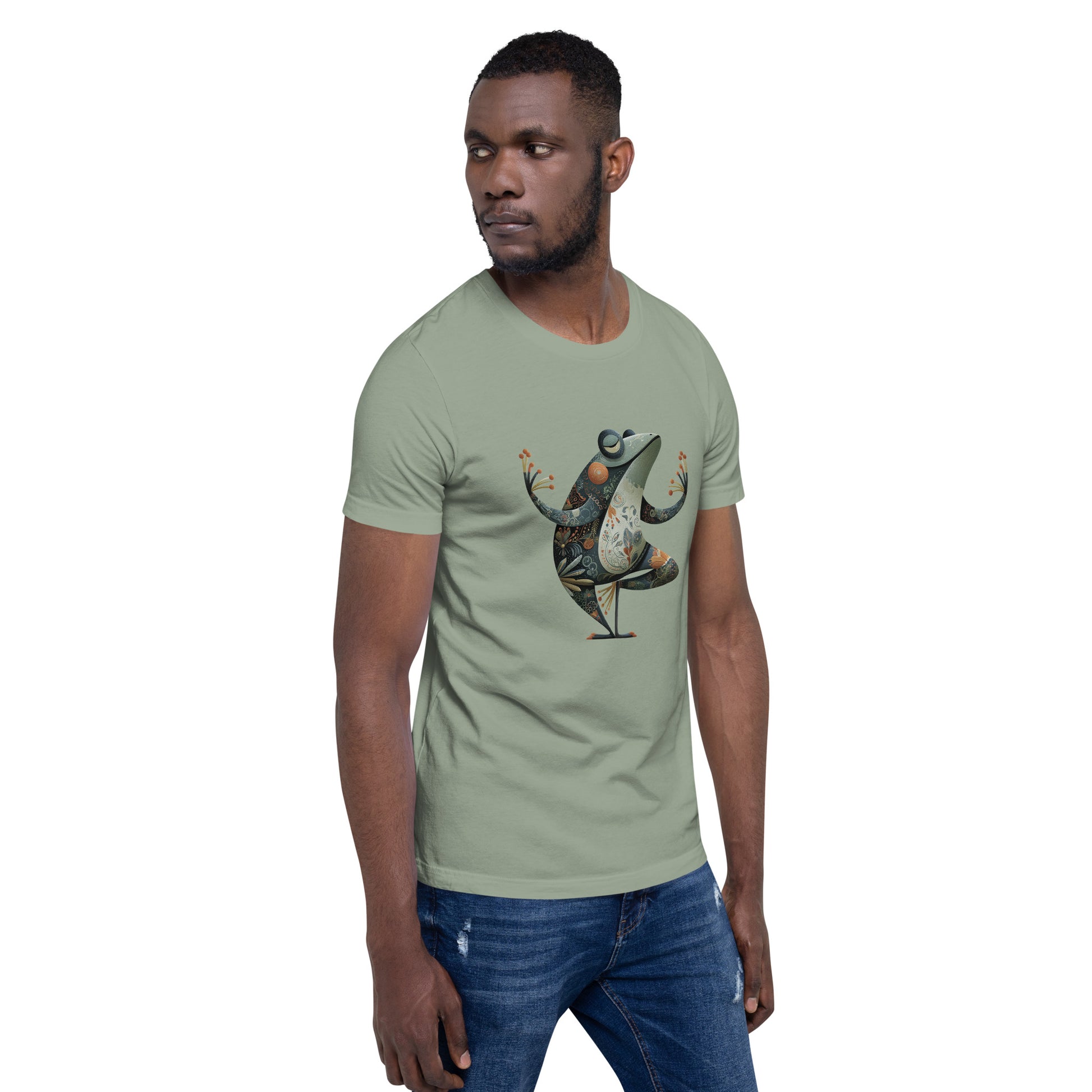 A male model wearing the sage green t-shirt with the illustrated bird graphic on the front, demonstrating the fit and placement of the design when worn.