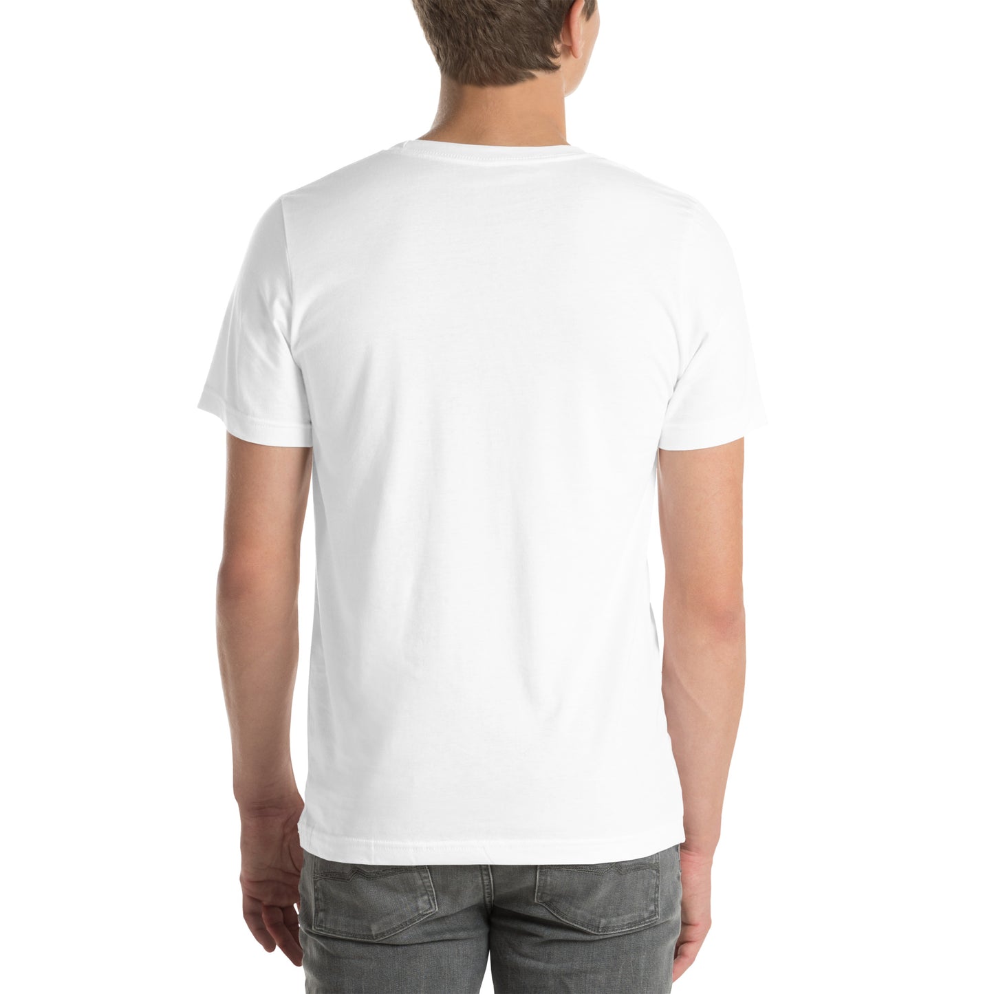 man wearing plain white t shirt back view minimal design