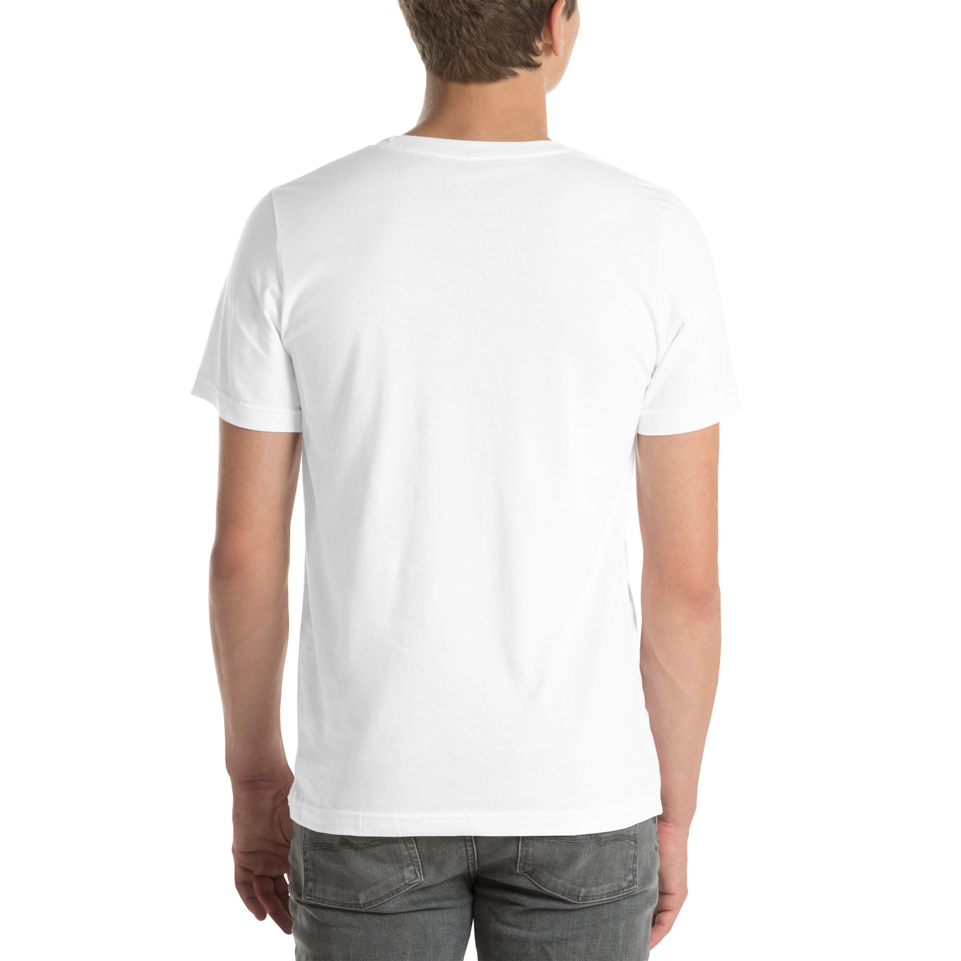 man wearing plain white t shirt back view minimal design