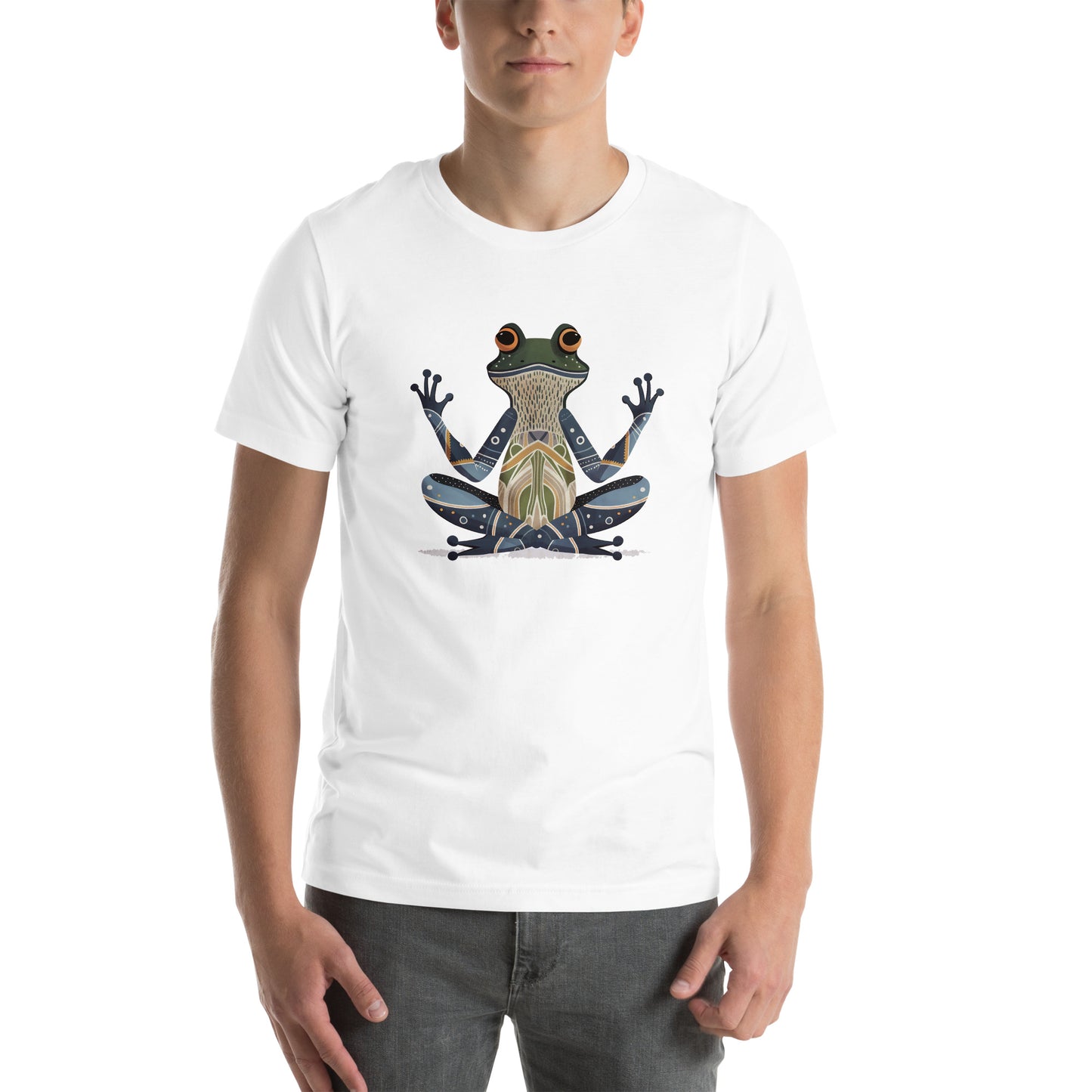 man wearing white t shirt with abstract frog design graphic front view