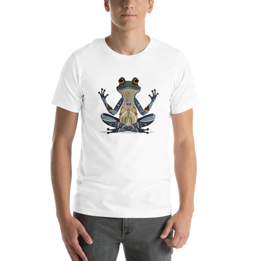 man wearing white t shirt with abstract frog design graphic front view