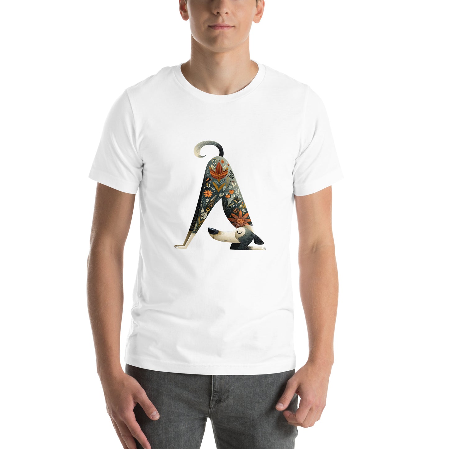 man wearing white t shirt with abstract animal letter a graphic front view