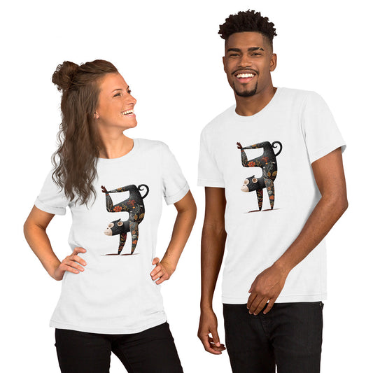 couple wearing white graphic t shirts with abstract animal illustration modern casual outfit