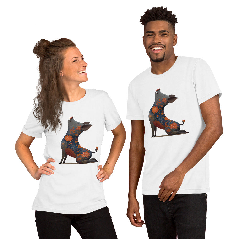 man and woman wearing white t shirts with geometric animal illustration casual outfit