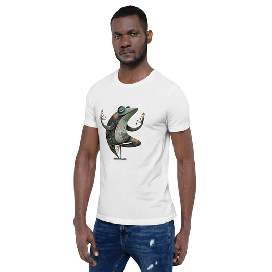 A male model wearing a white t-shirt with the same illustrated bird-in-a-cocktail-glass graphic on the front. The shirt is styled casually with blue shorts, showing how the design looks when worn.