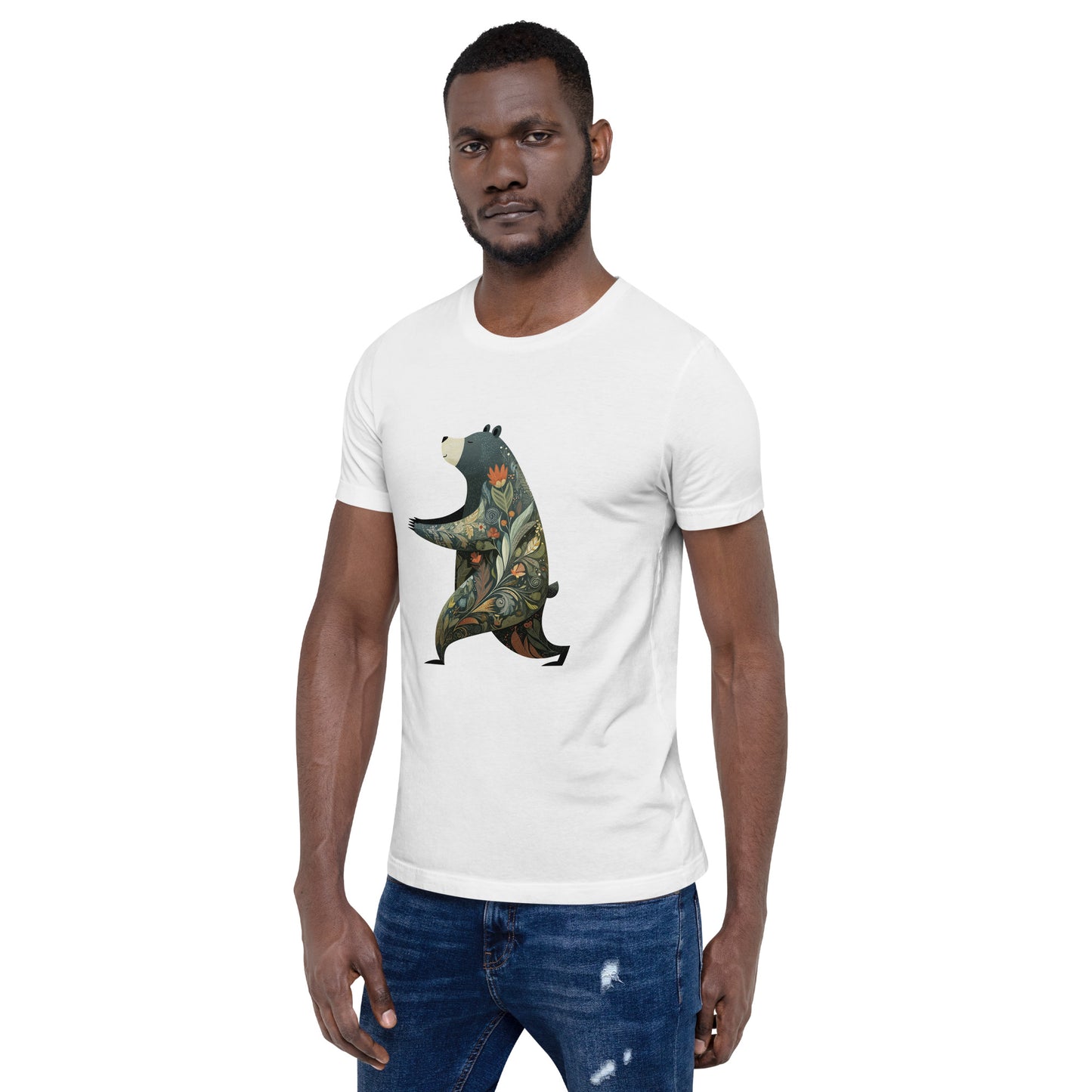 man wearing white t shirt with geometric lizard illustration front view