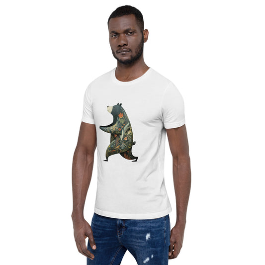 man wearing white t shirt with geometric lizard illustration front view