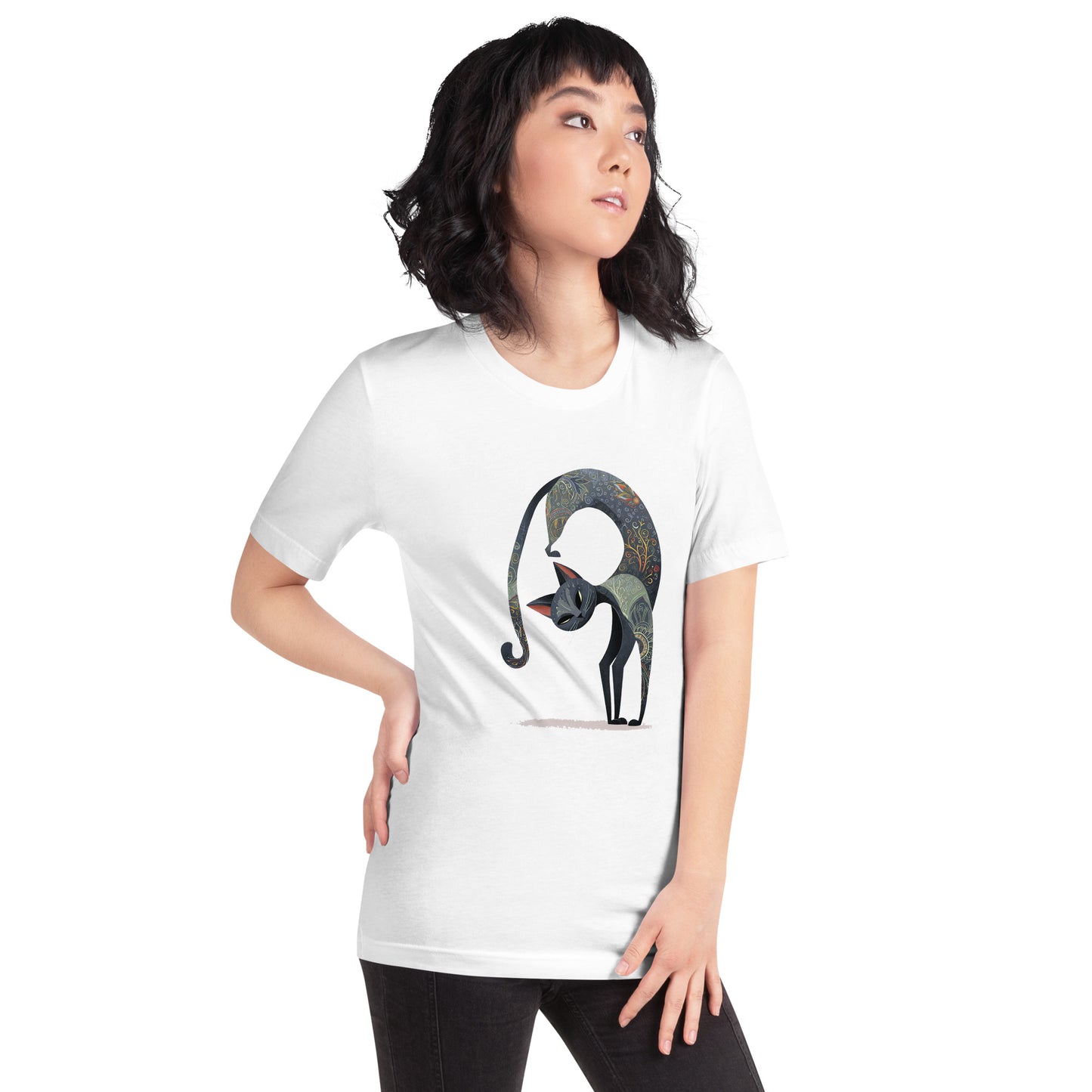 woman wearing white t shirt with geometric cat illustration front view